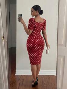 SHEIN Lady CURVE Đầm dự tiệc cỡ lớn dành cho nữ, chấm bi, thanh lịch, thắt eo. - Màu Đỏ Sâu - Xem 2