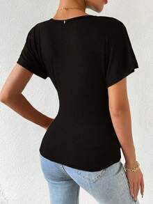 Camiseta De Cuello Cruzado Y Costado Fruncido - Negro - Ver 10