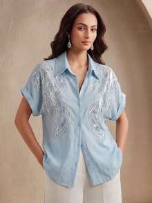 Anewsta Women's Luxury Light Blue Fashion Beaded Rhinestone Symmetrical Applique Turndown Collar Studded Short Sleeve Shirt - Blue - View 6