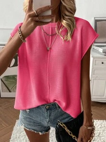 EMERY ROSE Women's Plain Crew Neck Casual Loose Knit Sweater Vest, Autumn/Winter - Hot Pink - View 3