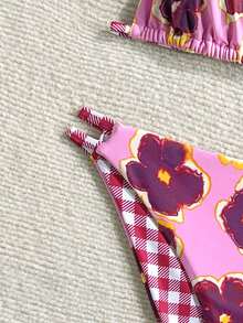 SHEIN Teen Girl Pink Textured Knit Shell Decor Bikini Sets,Summer Beach Holiday Spaghetti Strap Triangle Swimwear Push Up Two Pieces Floral Bathing Suits - Pink - View 4