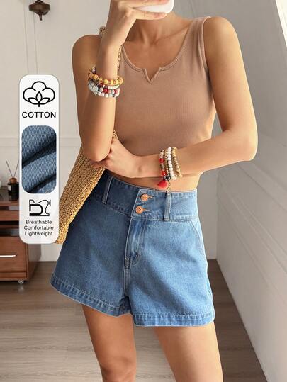 Livesso 女士复古水洗纽扣装饰休闲宽松直筒牛仔短裤，适合春夏海滩/度假穿着