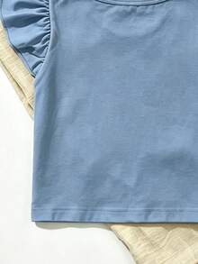 SHEIN Playful Pals 3件套女婴上衣，可爱彩色碎花白色荷叶袖T恤，搭配蓝色碎花黑色荷叶袖T恤和蓝色荷叶袖T恤，多件套上衣组合，适合夏季外出穿着 - 彩色 - 查看 6