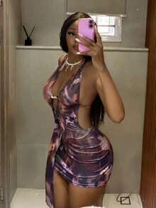 StreetHx Sexy Backless Halter Printed Dress, Hollow Out Beach Dress For Summer Vacation - Dark Red - View 3