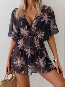EMERY ROSE Women's Summer Fashion Resort Beach Tropical Palm Tree Print Sheer Cover-Up - Multicolor - View 3