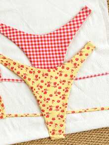 Swim Mod 4 Piece Bikini Set For Women,Red Gingham & Cheetah Print Spaghetti Strap High Cut Bikinis,Yellow,Summer,Cute,Beach,Holiday Bikini Pattern Set - Multicolor - View 3