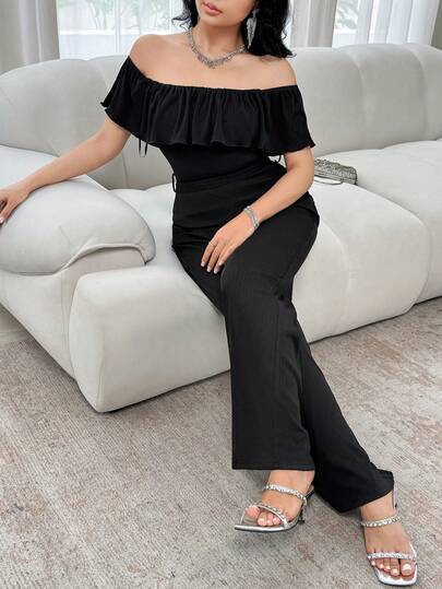 Feyla Elegant Off Shoulder Ruffle Collar Jumpsuit For Women, Everyday Wear