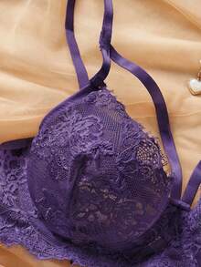 SHEIN 2 piezas Conjunto de sujetador inalámbrico de encaje para mujer - Morado - Ver 5