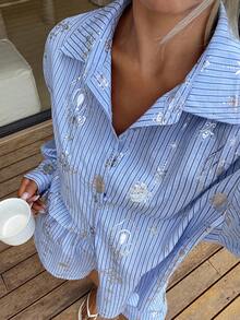 DAZY Vacation Style Striped Silver Foil Floral Pattern Loose Shirt Pajama Set For Women - Blue - View 1