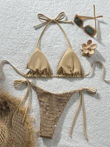 Costavie Swim Mod 两件式泳衣，纯色亮片纹理挂脖式文胸上衣和侧系带比基尼泳裤套装，性感比基尼，春夏海滩度假 - 杏色 - 查看 2