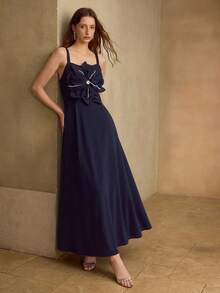 MOTF PREMIUM ELEGANT SOPHISTICATED PARTY/DATE NIGHT DRESS, HIGH-END KNITTED FLORAL 3D RHINESTONE DECOR WAIST SLIMMING SLEEVELESS NAVY BLUE MAXI DRESS - Navy Blue - View 6