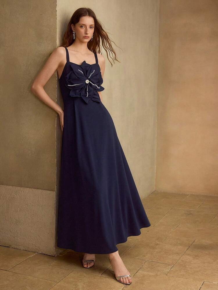 ELEGANT SOPHISTICATED PARTY/DATE NIGHT DRESS, HIGH-END KNITTED FLORAL 3D RHINESTONE DECOR WAIST SLIMMING SLEEVELESS NAVY BLUE MAXI DRESS, AUTUMN/WINTER