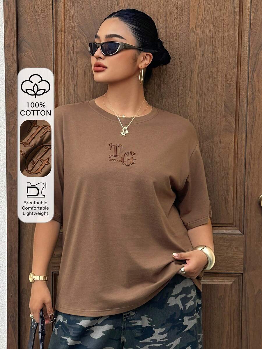 Livesso Curve Áo thun nữ cỡ lớn thêu chữ, tay ngắn, dáng rộng, thoải mái, thích hợp cho mùa xuân/hè. - màu nâu - Xem 1