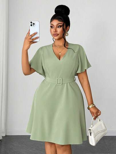 Maweii 大码女士优雅复古V领短袖夏季度假中长连衣裙