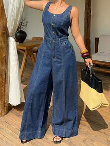 Dazy Plus Dark Wash Denim Sleeveless Jumpsuit, Vacation Style, Long Length, Spring/Summer - Dark Wash - View 9