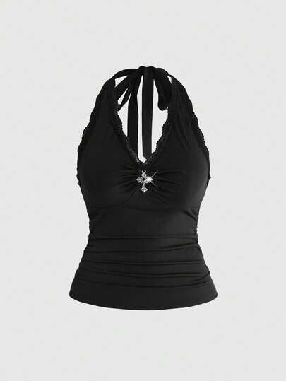 ROMWE Goth プラスサイズ ブラック プリーツ バックレス キャミソールトップ、バケーション、ミュージックフェスティバル、パンクゴシックスタイルのイベントに適しています