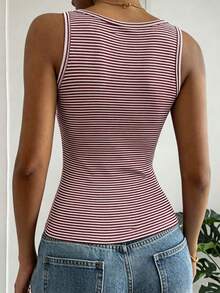DAZY Women's Striped Square Neck Fitted Casual Versatile Tank Top - Coffee Brown - View 5