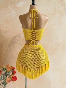 Soleia 新款度假风露背系带镂空海星流苏下摆修身迷你针织连衣裙，波西米亚风，度假风，复古风，假日风，海滩风，邮轮风 - 黃色 - 查看 2