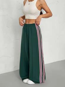 SHEIN PETITE Women's Elastic Waist Side Striped Wide Leg Loose Casual Sweatpants, Suitable For Spring And Summer, Back To School Season - Green - View 8