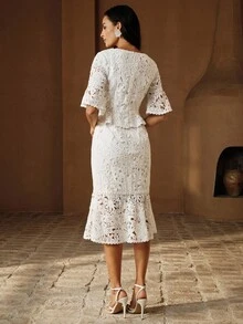 Anewsta Đầm midi dáng đuôi cá ôm eo, tay bồng, cổ tròn, khoét eo, ren thêu tinh tế dành cho nữ, thích hợp cho ngày Valentine, đám cưới, tiệc tùng. - trắng - Xem 7