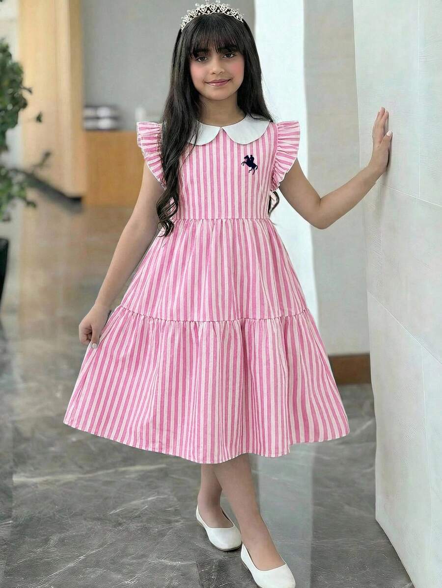 Gaun Tanpa Lengan Berkerah dengan Motif Blok Warna Elegan untuk Remaja Putri/Anak Perempuan Remaja - Berwarna merah muda - View 1