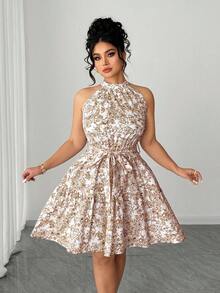 Elenzga Plus Size Halter Neck Printed Short Flare Dress - Brown - View 5