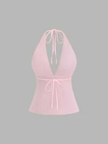 Sweetra 法式优雅粉色串珠露背吊带性感修身夏季沙滩度假背心，展现迷人少女性感风情 - 粉色 - 查看 2