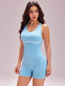 SHEIN Sovereign Charm Women's Backless Design Sports Romper - Blue - View 3