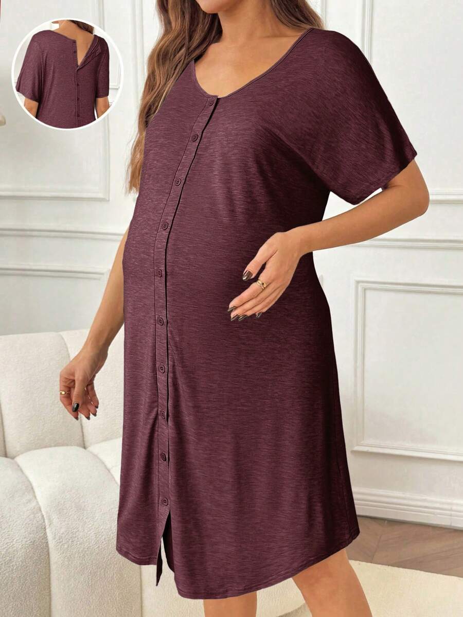 SHEIN Đầm cổ chữ V màu trơn, tay ngắn, cài cúc phía trước, kiểu dáng thường ngày, thoải mái. - Màu Đỏ Sâu - Xem 1