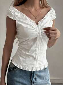 DAZY Damen Mode einfarbiges Rüschen Off-Shoulder Camisole Top für den Sommer - Weiss - Übersicht 5