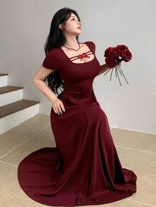 DAZY Red Elegant Bow Decor Long Dress For Women, Spring & Summer - Red - View 8