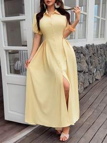 DAZY Vestido largo con cintura ceñida elegante, informal para primavera y verano - Amarillo claro - Ver 4