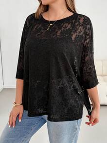 Shapeblank Top Preta Transparente de Manga Curta Básica, Versátil, Confortável e Folgada para Uso Diário, Ideal para Mulheres Plus Size em Looks Casuais de Primavera/Verão, Saídas e Férias, Estilo Simples - Preto - Visão 8