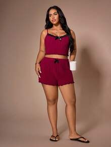 Lazeform Plus Size Casual Lace Patchwork V-Neck Camisole & Shorts Pajama Set - Multicolor - View 7