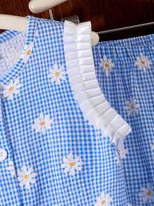 女童（小号）蓝色格子雏菊印花无袖荷叶边上衣和直筒裤两件套，夏季休闲乡村风套装 - 藍色 - 查看 2