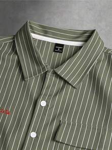 Manfinity Hypemode Men's Striped Utility Pocket Short Sleeve Single-Breasted Shirt - Army Green - View 3