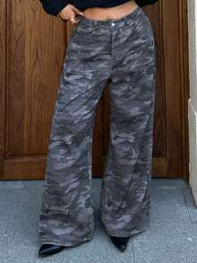 Dazy Plus Plus Size Women Camouflage Print Street Style Long Jeans, All Season Summer - Navy Blue - View 8