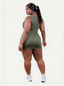 CurvyTilda Plus Size Women Vintage Punk Metal Grommet Decor Draped Neck Asymmetric Hem Fitted Tank Top, For Hourglass Body Shape - Army Green - View 2