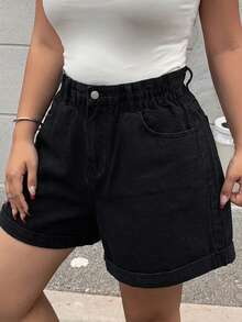 Dazy Plus Elastic Waist Loose Wide Leg Cuffed Washed Blue Denim Shorts, Summer - Black - View 6