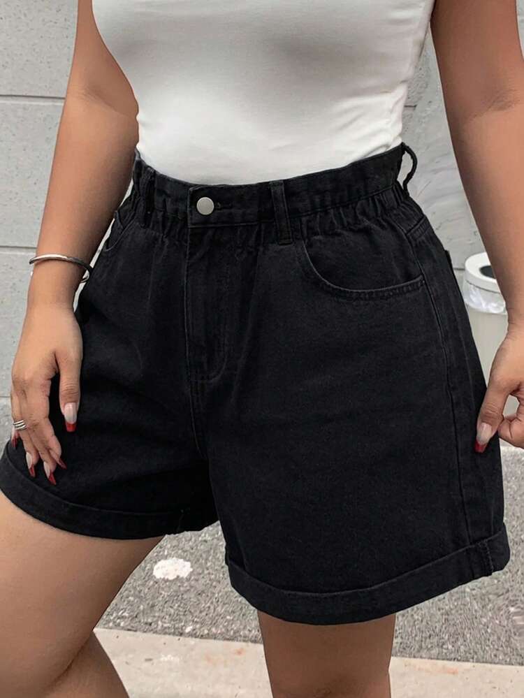 Dazy Plus Elastic Waist Loose Wide Leg Cuffed Washed Blue Denim Shorts, Summer