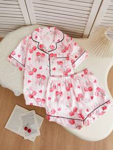 Set Piyama 2 Potong untuk Anak Perempuan Remaja, Motif Ceri Merah Muda dan Merah yang Lucu, Bahan Sutra Imitasi Satin, Kancing Depan, Pakaian Tidur Rumahan, Lembut - Berwarna merah muda - View 4