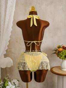 SHEIN Swim 女士黄色碎花亮片荷叶边迷你裙比基尼，适合海滩度假，春夏款 - 黃色 - 查看 3
