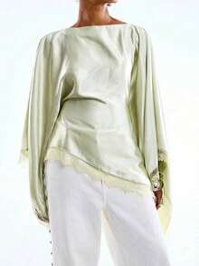 SHEIN EZwear 大码女式纯色蝙蝠袖蕾丝下摆优雅衬衫 - 綠色 - 查看 1