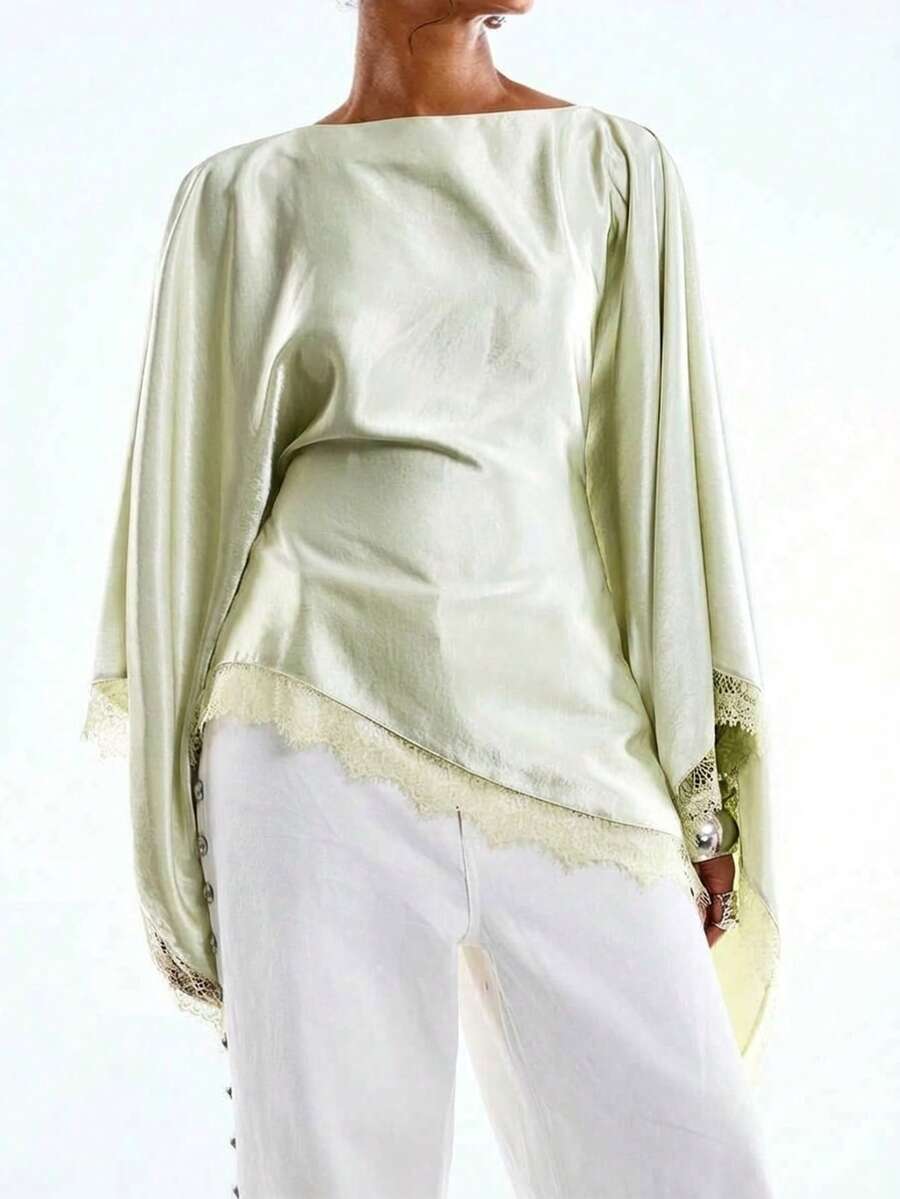 SHEIN EZwear 大码女式纯色蝙蝠袖蕾丝下摆优雅衬衫 - 綠色 - 查看 1