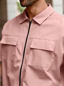 Manfinity Homme Camisa de manga corta con cuello vuelto, bolsillo y cremallera, de unicolor, informal, para hombre de talla grande, para verano - Rosa - Ver 4