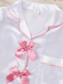 SHEIN 经典翻领纯色口袋刺绣休闲舒适两件套短裤家居服，适合青少年女孩 - 白色 - 查看 4