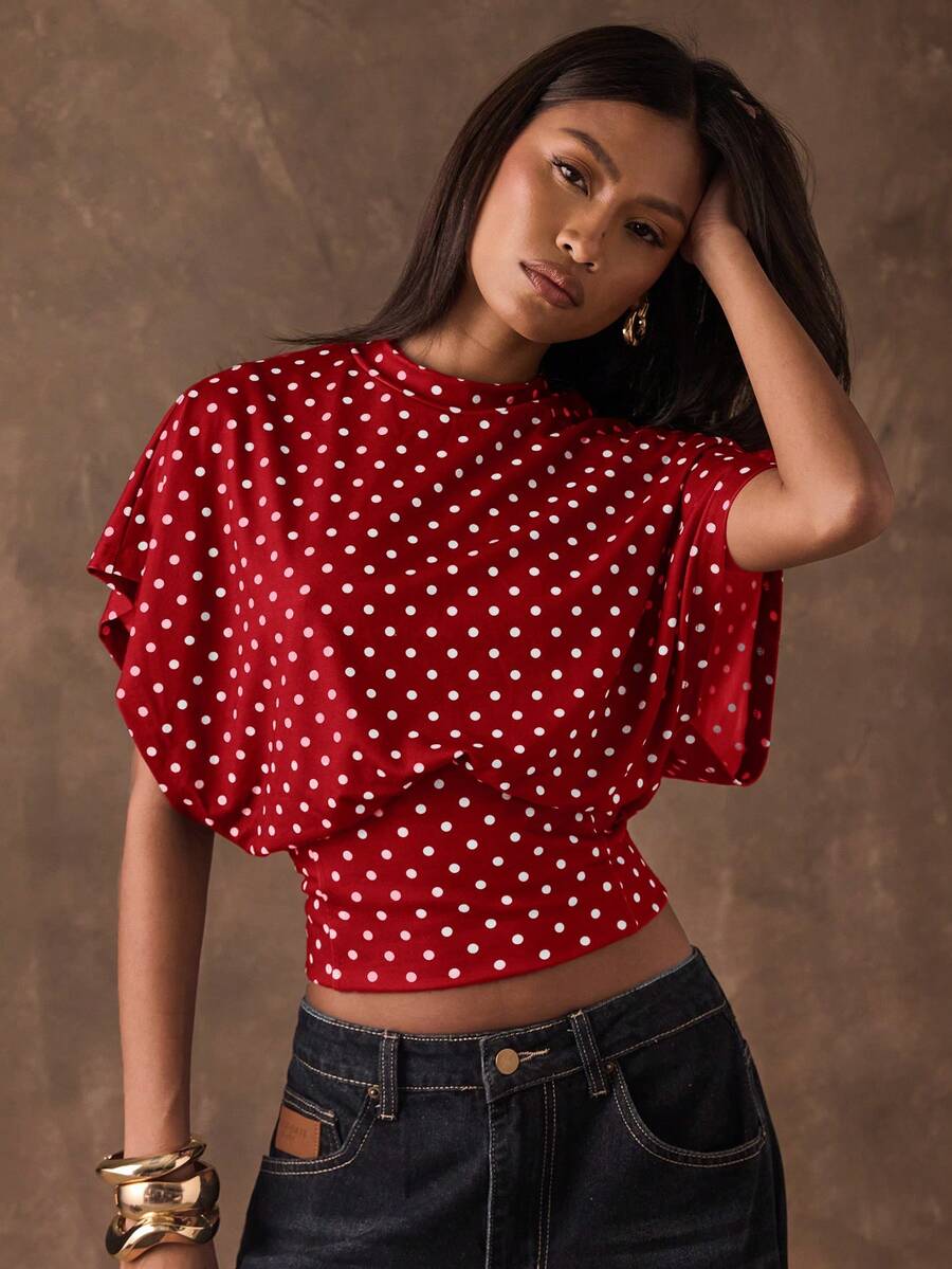 SHEIN BAE 女士波点印花圆领T恤 - 紅色 - 查看 1
