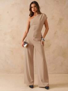 SHEIN BAE Bộ jumpsuit đen dáng ôm, ống rộng, vai lệch, ôm sát dành cho nữ, trang phục thanh lịch để đi chơi hàng ngày, hẹn hò, dự tiệc, gặp gỡ bạn bè. - Màu Khaki - Xem 5