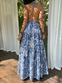 Sunnyshic Vestido casual de moda para mujer, estampado de cachemira bohemio, con lazo en el cuello, volantes en el bajo, para vacaciones, primavera/verano - Azul - Ver 2