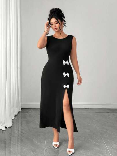 Elenzga Vestido elegante sin mangas con lazo y abertura para mujer de talla grande